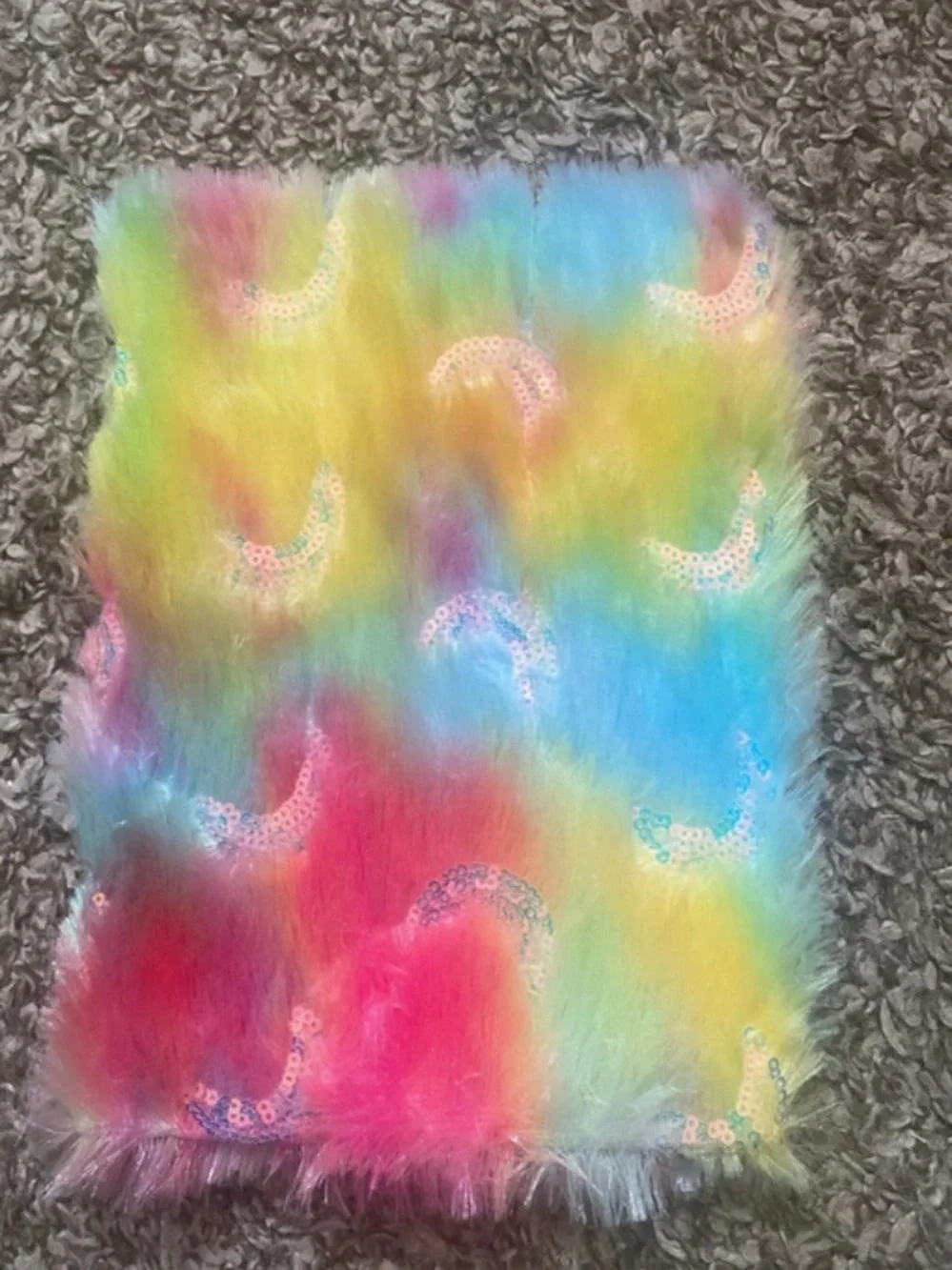 Multicolor Rainbow Faux Fur Journal with Sequin Moon Details